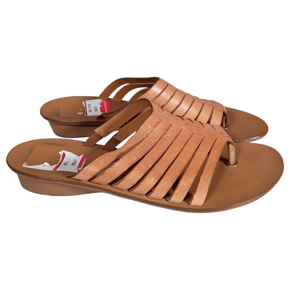 Paul Green Tan Leather Strappy Thong Sandal Low Wedge Womens 7.5 - Picture 2 of 11